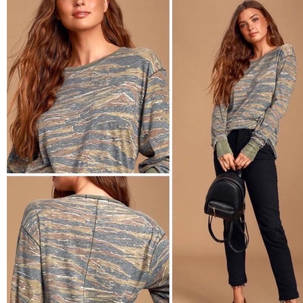 We The Free Free People Camo Long Sleeve Tee Tiger Stripe Green L